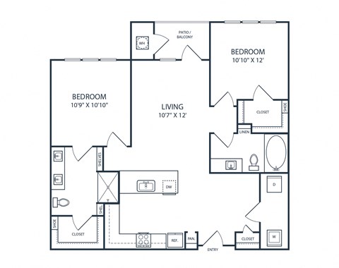 Floor plan for 2 beds, 2 baths, 1024 sqft